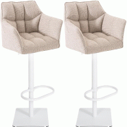 Décoshop26 - Lot de 2 tabourets de bar réglable en tissu beige assise enveloppante capitonnée avec base carrée en métal blanc 10_0006623 - blanc