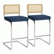Oviala Business Lot de 2 chaises hautes en acier et velours bleu foncé - bleu 114863