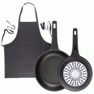 BERGNER - Jeu de 2 Poêles Ø24/Ø28cm en Aluminium moulé avec poignée en bakélite et Tablier de Cuisine Gris Foncé 100% Coton 75x80cm - PK9817