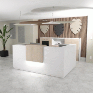 Bureau d'accueil avec retour Delta blanche avec réhausse. - 184, Droite, Blanc, Oui, Acacia clair