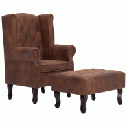 Helloshop26 - Fauteuil chaise siège lounge design club sofa salon chesterfield et repose-pieds marron synthétique daim 1102228/3 - marron Bois massi