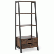 COSTWAY Étagère échelle, 134cm avec 4 étagères ouvertes et 2 tiroirs, pour chambre, marron+noir - multicolore Bois manufacturé VH34876OR
