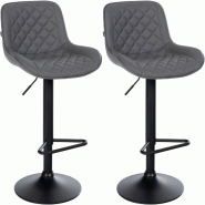 Décoshop26 - Lot de 2 tabourets de bar repose-pieds hauteur réglable en similicuir gris foncé coutures losange cadre métal noir 10_0006317 - gris