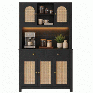 Merax armoire haute de cuisine 100 x 40 x 180 cm, LED RGB, bar à café, prises, portes en rotin, rangements, Noir - noir Bois manufacturé N635P28787