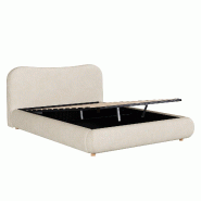 Merax Lit rembourré  160 x 200 cm avec coffre de lit hydraulique, sommier à lattes, tête de lit en chenille et pieds en bois massif, beige - beige