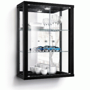 K-Möbel Vitrine suspendue en Noir (80x60x25 cm) avec 2 étagères en verre réglables en hauteur, miroir & LED - vitrine de voiture miniature argent_0
