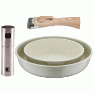 BERGNER - Jeu de 2 poêles Ø22/26cm en aluminium moulé blanc avec manche amovible avec pulvérisateur d'huile/vinaigre Ø4x17,5cm en acier inoxydabl