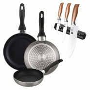 BERGNER - Set de 3 poêles Ø16/20/24cm en aluminium pressé gris métallisé avec jeu de 3 couteaux en acier inoxydable avec support magnétique - PK9896