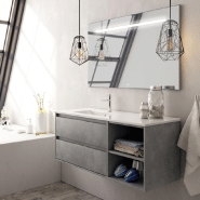 Meuble de salle de bain 80cm vasque déportée - 2 tiroirs - miroir avec  armoirette - roble (chêne clair) - KING