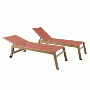 Oviala Business Lot de 2 bains de soleil effet bois inclinable avec roues terracotta - marron aluminium 115199