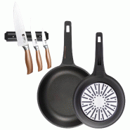 BERGNER - Jeu de 2 poêles Ø24/28cm en aluminium coulé avec manche en bakélite avec jeu de 3 couteaux en acier inoxydable avec support magnétique