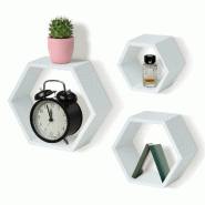 IvoQ Étagères murales Hexagone – Lot de 3 – Bois – Pin Blanc – Étagères murales flottantes – Fixations incluses - 8721335300161