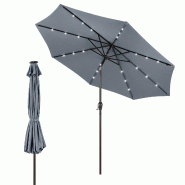 Parasol COSTWAY avec éclairage solaire LED, parasol de jardin à manivelle, inclinable à 30° des deux côtés, avec 8 baleines - gris métal ZB33616TE