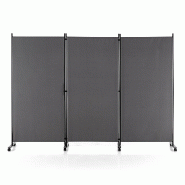 COSTWAY paravent textile pliable 3 panneaux à roulettes, 262 x 180 cm, cloison mobile grise - noir polyester VH32945SD