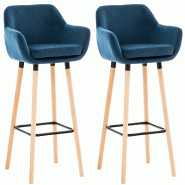Décoshop26 - Lot de 2 tabourets de bar en velours bleu pieds en bois avec repose-pieds et accoudoirs style rétro moderne TDB10283 - bleu Bois massif