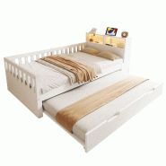 Merax Lit en bois 90x200 cm, lit simple blanc avec lit gigogne, LED, prise, USB, Type-C, rangements et barrières - blanc multi-matériau LDF00636AAK