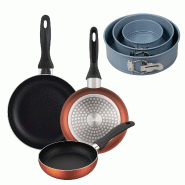 BERGNER - Set de 3 Poêles Ø16/20/24 cm en Aluminium Embouti Cuivre Métallisé avec Jeu de 3 Moules Ronds pour Four Ø12/18/22 cm - PK9905
