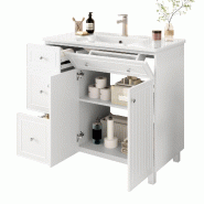 Merax Meuble sous-vasque 91,5 x 46,5 x 89 cm avec lavabo en céramique, 4 tiroirs, portes à fermeture amortie et étagères réglables, blanc - blanc