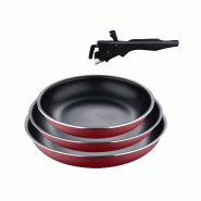 BERGNER Click&Cook - Ensemble de 3 poêles Ø18/Ø20/Ø24 cm en aluminium embouti rouge avec poignée amovible - Q4967