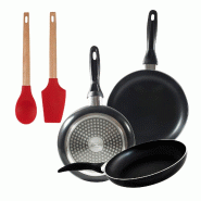 BERGNER - Jeu de 3 Poêles en Aluminium Pressé Ø16/Ø20/Ø24 cm Compatible Induction Navy Black avec Jeu de 2 Ustensiles de Cuisine EXCALIBUR - alum