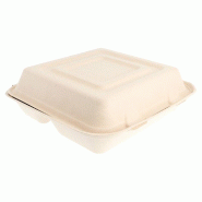 Boîte bagasse naturelle 3 comp à couvercle attenant 25x25x7,5cm - par 250