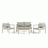 RATTATAN Salon de jardin avec canapé 2 places, 2 fauteuils et table basse en acier corde polywood avec coussins pour jardin terrasse - Ravello - grei