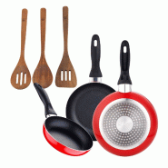 BERGNER - Jeu de 3 Poêles Ø16/Ø20/Ø24 cm en Aluminium Embouti Compatible Induction Navy Red avec Set de 3 Ustensiles de Cuisine en Bois d'Acacia -