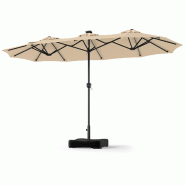 COSTWAY Parasol double 370x200cm avec socle, LED solaire, 12 modes, 2 charges et manivelle, beige. - beige métal ZB35888NQ