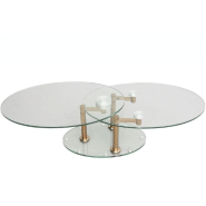 TABLE BASSE DOUBLE COOPER Ã  PLATEAUX PIVOTANTS EN VERRE ET PIÉTEMENT CUIVRE