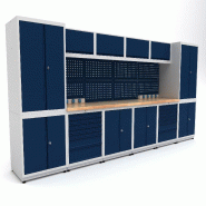 Établi d'atelier industriel 3720 mm PRACO M T31 - Plateau en hêtre massif - Éclairage LED - Tiroirs et armoire MW Tools PRAM3720T31