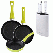BERGNER - Ensemble de 3 poêles Ø20/Ø24/Ø28 cm en aluminium embouti Molen Vert avec ensemble de 3 couteaux en acier inoxydable avec bloc - aluminiu