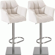 Décoshop26 - Lot de 2 tabourets de bar réglable en tissu blanc assise enveloppante capitonnée avec base carrée en acier inoxydable 10_0006795 - bl