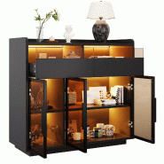Merax Buffet avec éclairage LED, verre de sécurité teinté, 2 tiroirs en verre et multicolore, 100 x 40 x 91.5 cm, noir - noir multi-matériau N880