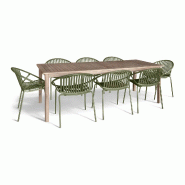 Now's Home - Salon De Jardin Table En Bois D'acacia 220cm Et 8 Fauteuils En Polypropylene Vert Calypso - 3256390254845