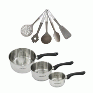 Batterie de cuisine avec 3 casseroles 12/16/20 cm en inox et 5 ustensiles de cuisine sans PFAS Fackelmann Généva Vario - gris inox 3176239922240