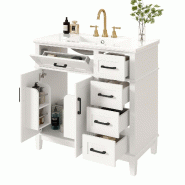 Merax Lavabo sur pied 90×46×87 cm, meuble de salle de bain avec lavabo en céramique, 4 tiroirs, compartiment rabattable, double porte, blanc - blan Merax Lavabo sur pied 90×46×87 cm, meuble de salle de bain avec lavabo en céramique, 4 tiroirs, compartiment rabattable, double porte, blanc - blan