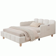 Merax Lit rembourré 90 x 200 cm avec tête de lit rembourrée, protection antichute, accoudoirs flexibles et pieds en bois d'hévéa, velours beige -