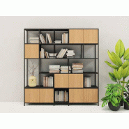 Bibliothèque Myst X4 avec structure en acier et rangements en placage bois