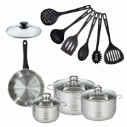 Batterie de cuisine 1 poêle 20 cm et couvercle, 3 faitouts 16/20/24 cm et 6 ustensiles de cuisine Fackelmann Geneva - gris inox 3176239935608