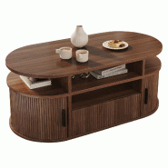 Merax Table basse ovale 100 x 50 x 40 cm avec 1 tiroir à pression, 2 volets roulants et compartiments ouverts, coloris noyer - Bois manufacturé N625