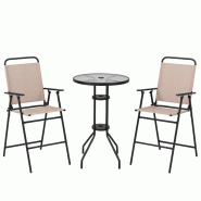 Table de bistrot COSTWAY avec 2 chaises pliantes, ensemble de mobilier de balcon 3 pièces, ensemble de balcon - beige métal ZB33579NQ