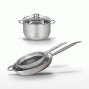 Batterie de cuisine avec 2 poêles antiadhésives 28/32 cm et 1 faitout 20 cm en acier inoxydable sans PFAS Elo Collection Relief Solution Brillant -_0