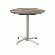 X Cross table de bistrot avec piètement sable + plateau HPL Tropical Wood Ø70 cm