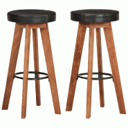 Décoshop26 - Lot de 2 tabourets de bar chaises hautes design rétro en cuir véritable noir et bois d'acacia DEC029567 - noir Bois massif 3000257439179