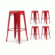 Kosmi Lot de 4 tabourets de bar en métal rouge brillant style industriel - Sans dossier - Hauteur 76 cm - rouge métal 3760301698302