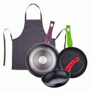 BERGNER - Jeu de 3 poêles Ø18/Ø22/Ø26 cm Jolie en aluminium forgé compatible induction avec tablier de cuisine gris foncé 100% coton 75x80cm - PK9294