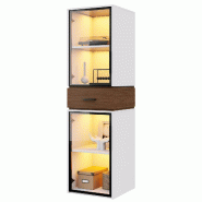 Merax Vitrine en Verre LED 40 × 40 × 200 cm, vitrine étroite avec Portes et tiroirs en Verre trempé, bibliothèque Blanche Moderne - blanc multi-m
