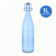 WDMT Bouteille en verre à bouchon mécanique 1 L – bleue – Ø 8,6 x 32 cm – réutilisable - bleu verre FN32698-BLAUW
