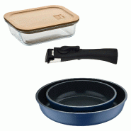BERGNER - Jeu de 2 poêles Ø22/26cm en aluminium moulé bleu avec manche amovible avec récipient hermétique 650 ml en verre borosilicate NATURALLY