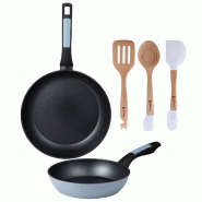 BERGNER - Jeu de 2 Poêles Ø20/26 cm en Aluminium Pressé Compatible Induction avec Jeu de 3 Ustensiles de Cuisine en Silicone et Bois - PK9513
